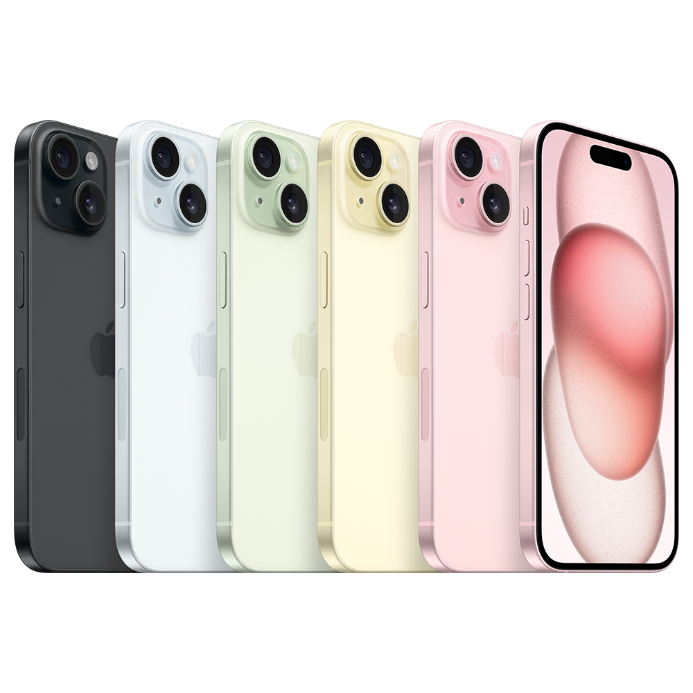 Linha iPhone 15 em preto, azul, verde, amarelo e rosa
